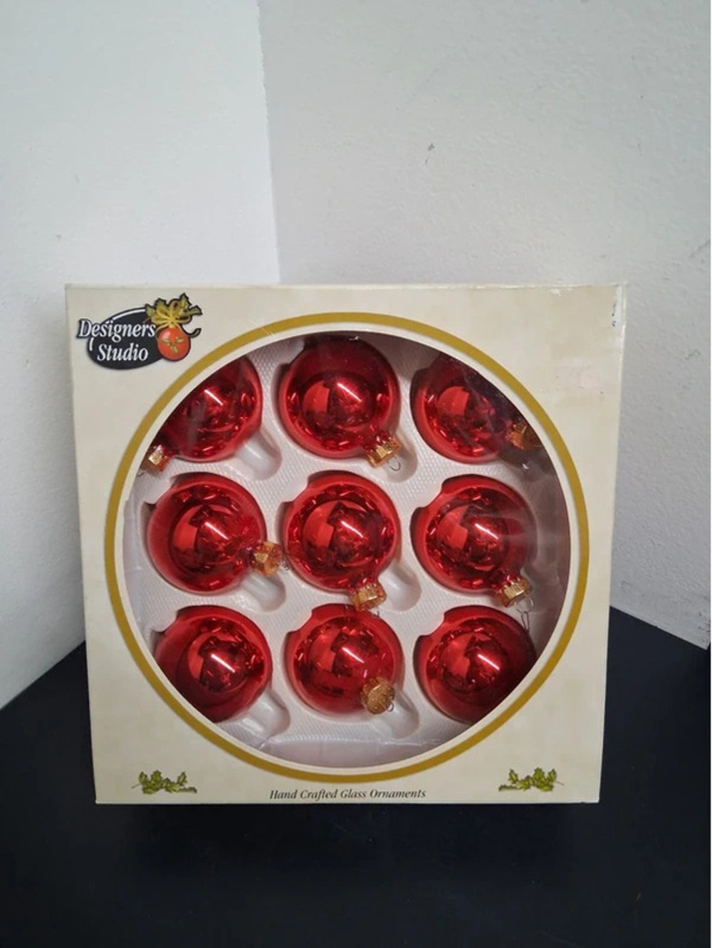 Vintage Red Round Handcrafted Glass Ornaments Set of 9